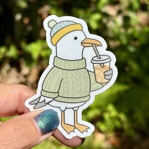 Seagull in Sweater Vinyl Sticker | Iced Coffee, Coastal Bird